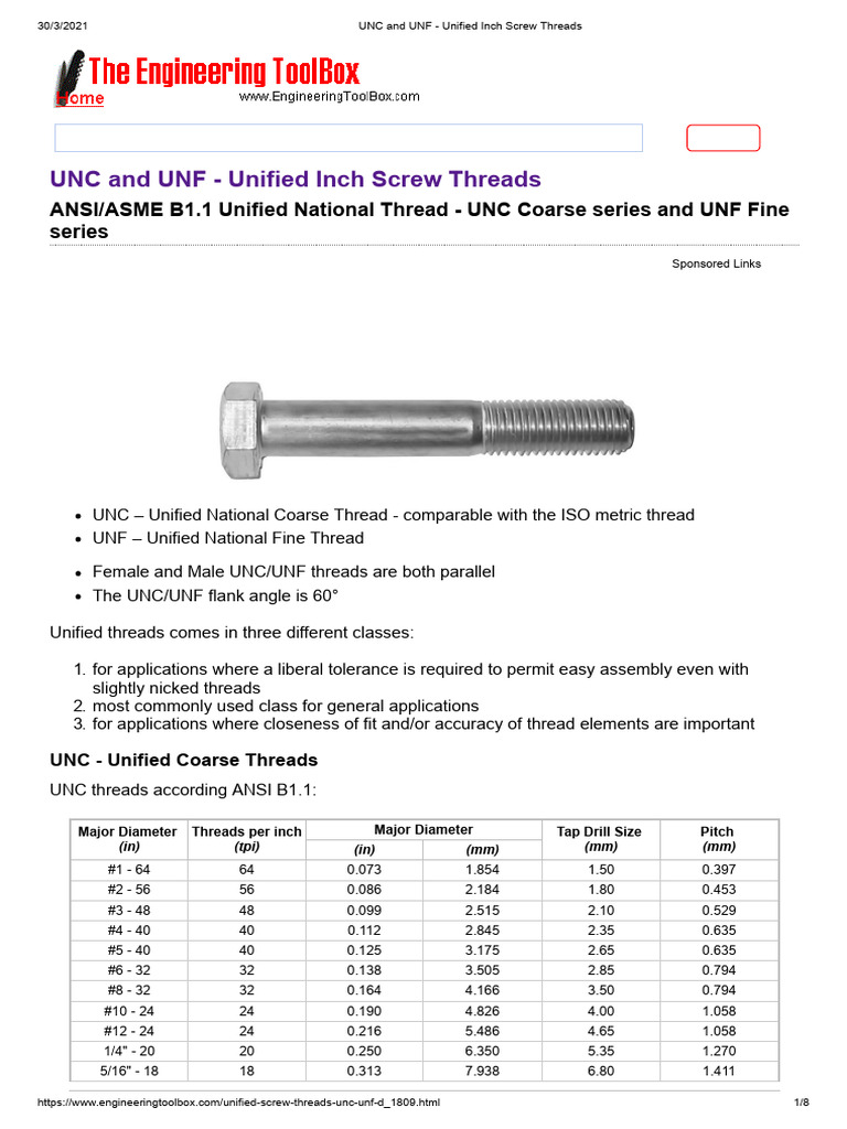 UNC and UNF Unified Inch Screw Threads PDF Screw Metalworking