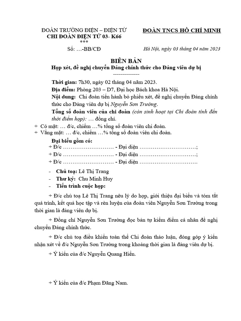 3. Mẫu Biên Bản Họp Chi Đoàn | PDF