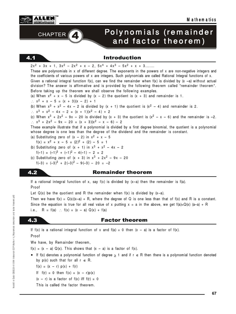 Class IX Polynomial Theorems | PDF | Factorization | Polynomial