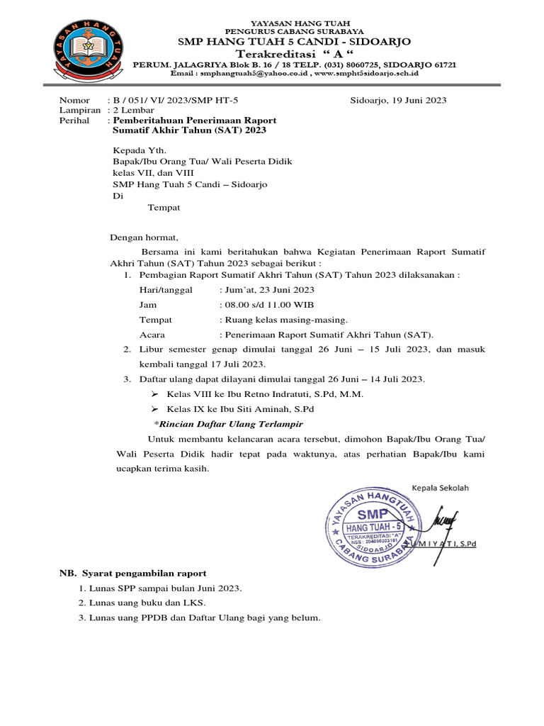 Pemberitahuan Penerimaan Raport SMP 2023 | PDF