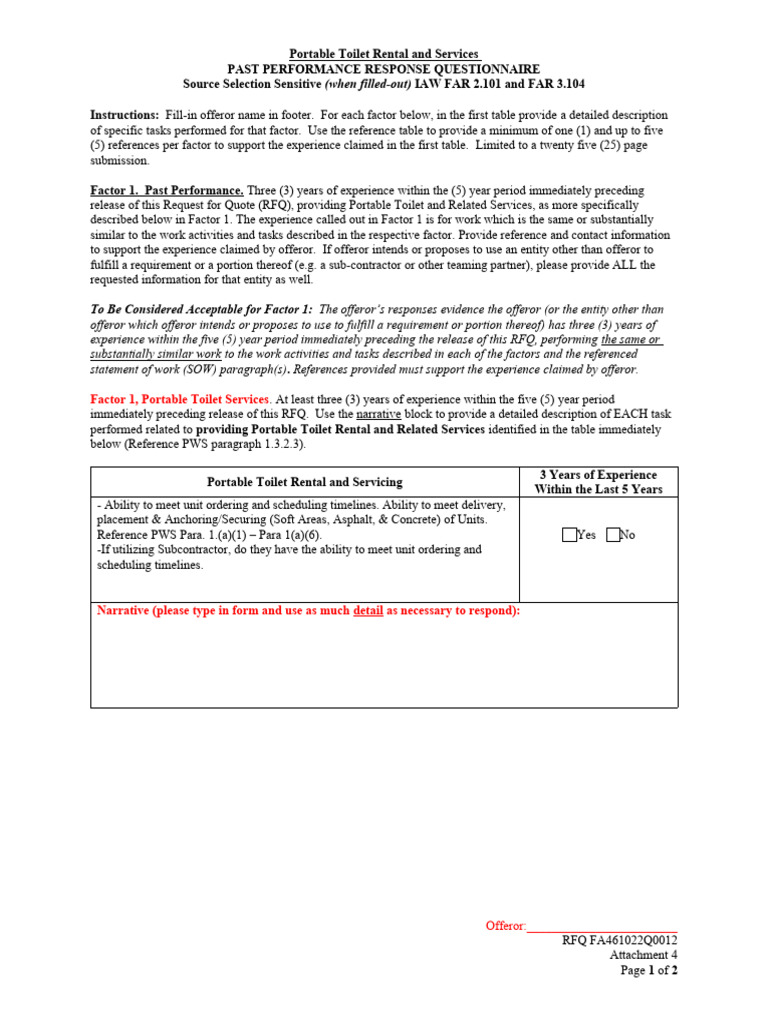 Atch 4 Past Performance Questionnaire | PDF | Offer And Acceptance ...
