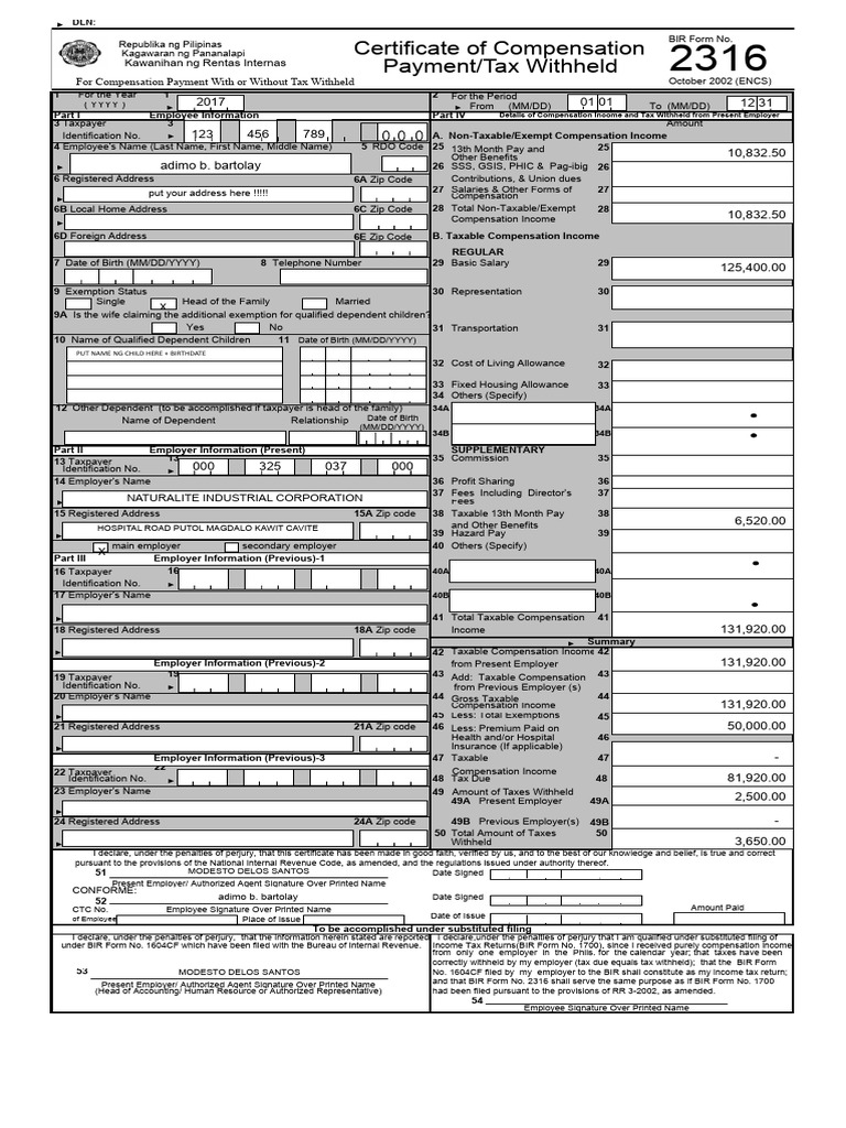 Bir form 2316 cy 2021 download free pdf cost of living taxpayer