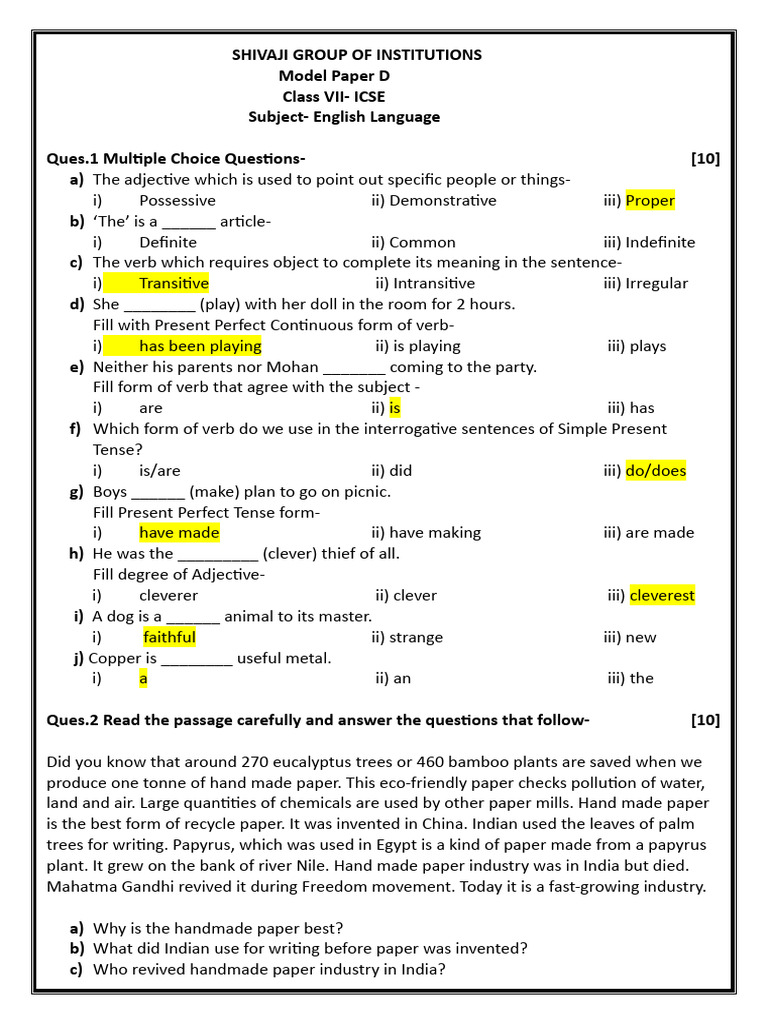 7 ICSE Eng Lang Model D PDF Paper Verb