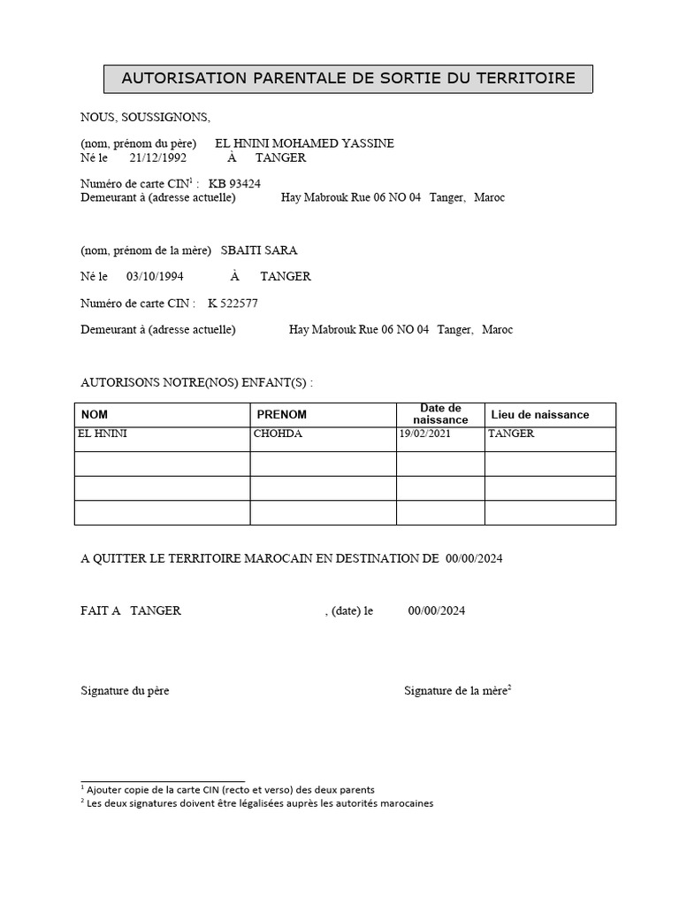 Autorisation parentale sortie territoire maroc | PDF