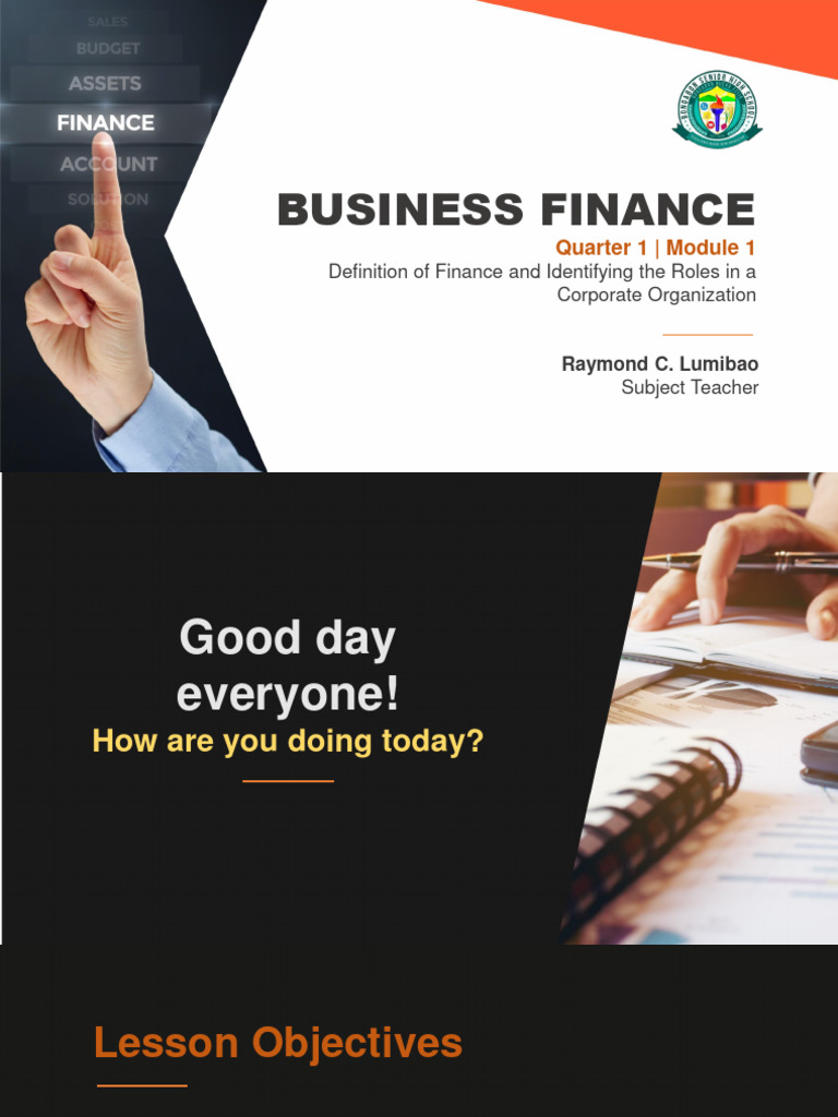 Finance Module 1 Definition of Finance and Identifying The Roles in A Corporate Organization