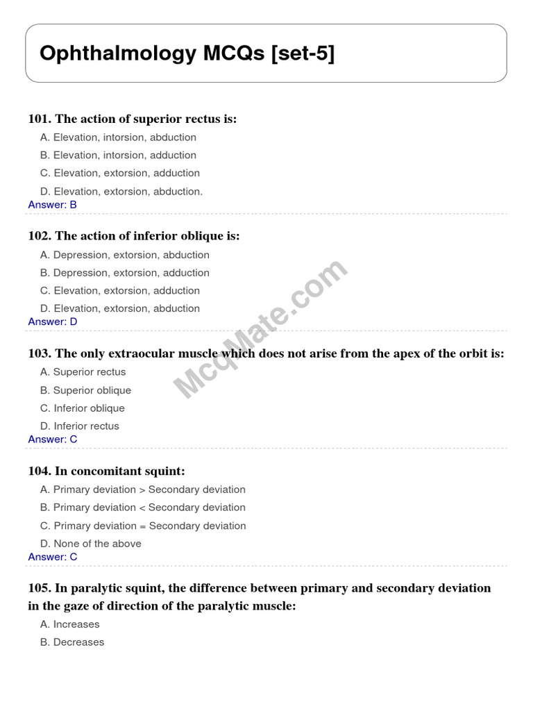 Ophthalmology MCQs Set 5 | PDF | Face | Sensory Organs