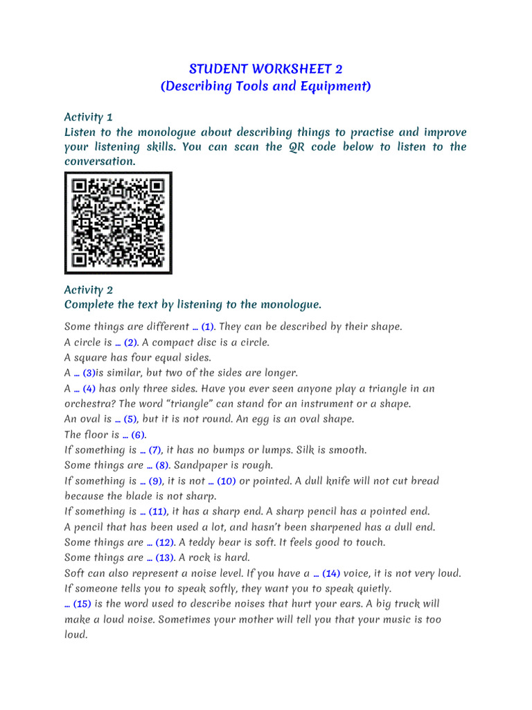 Student Worksheet 2 (Describing Things) | PDF