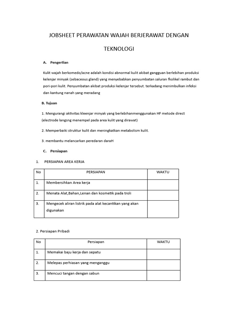 Jobsheet Perawatan Kulit Jerawat Teknologi | PDF