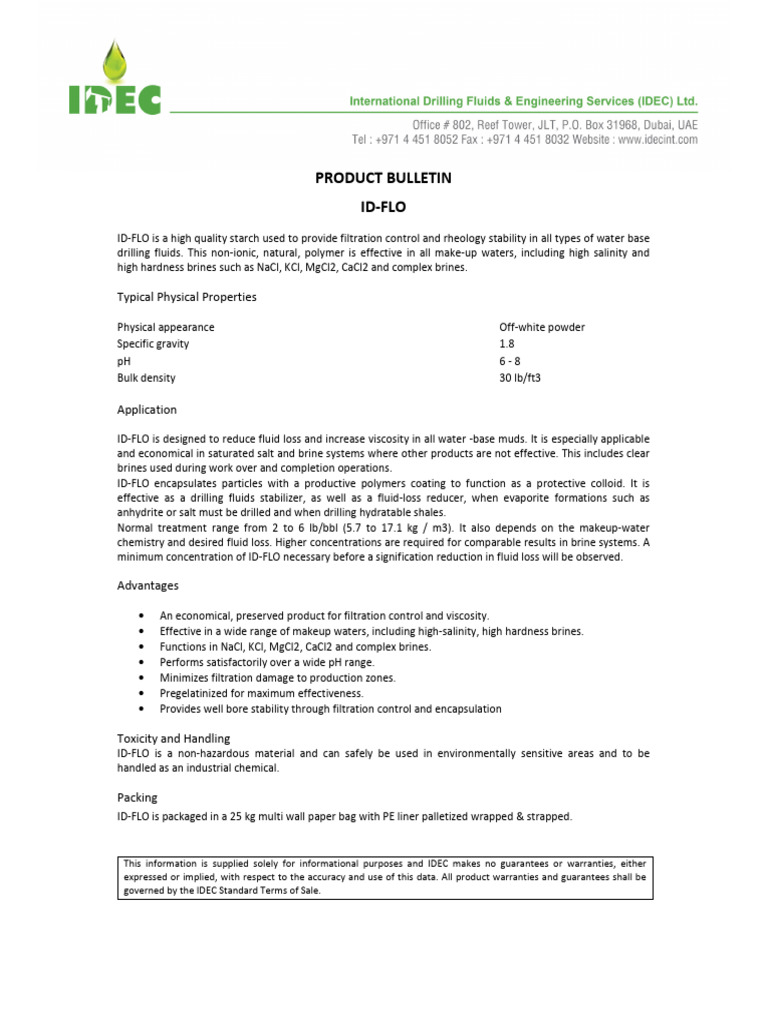 ID-FLO: High-Quality Drilling Fluid Starch | PDF | Water | Sodium Chloride