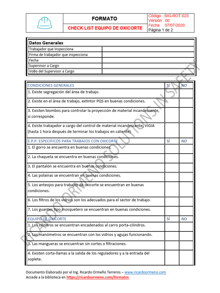 Check List para Oxicorte SIG-ROT-023 | PDF | Hogar, jardinería y bricolaje