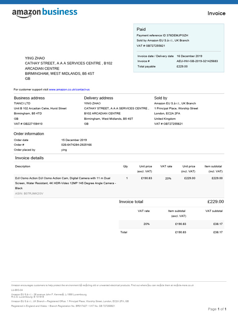 Amazon Invoice for DJI Osmo Action Camera | PDF | Invoice | Value Added Tax