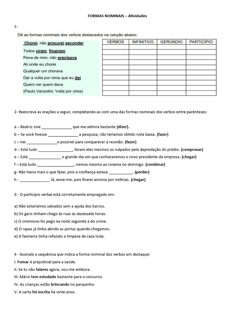 Atividades sobre Formas Nominais do Verbo | PDF
