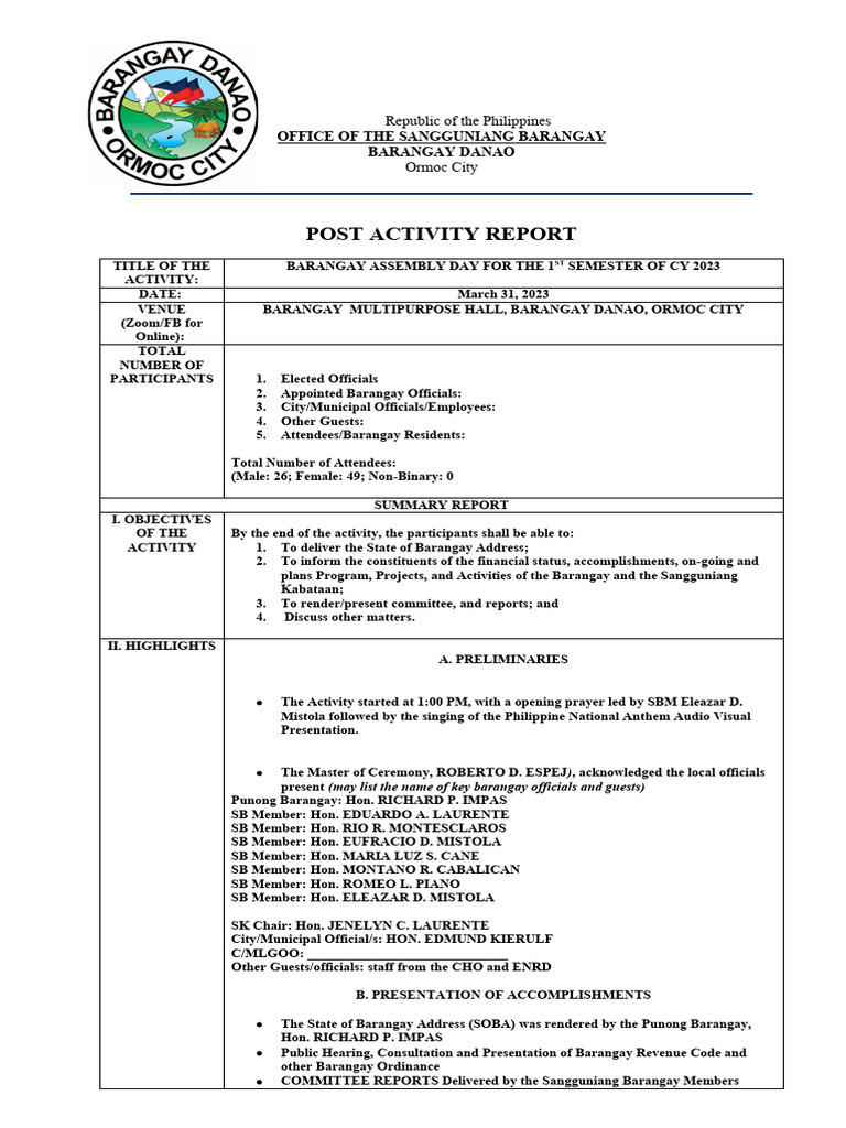 Barangay Assembly Day Report 2023 | PDF | Politics | Social Science