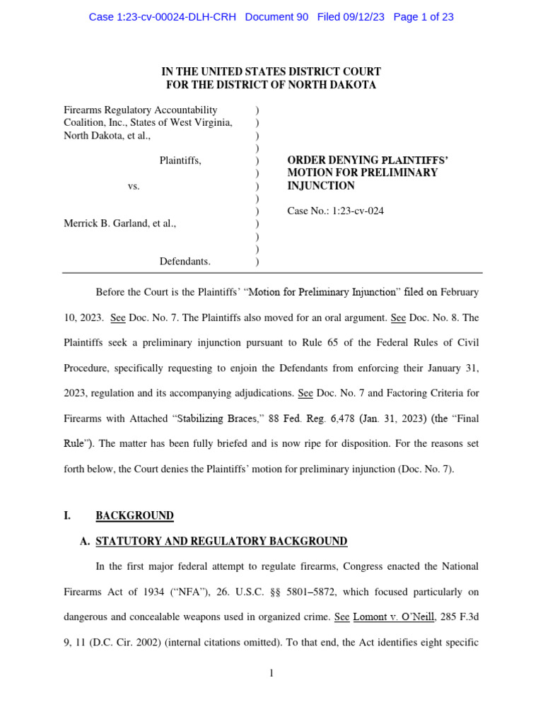 ORDER DENYING PLAINTIFFS' MOTION FOR PRELIMINARY INJUNCTION Firearms