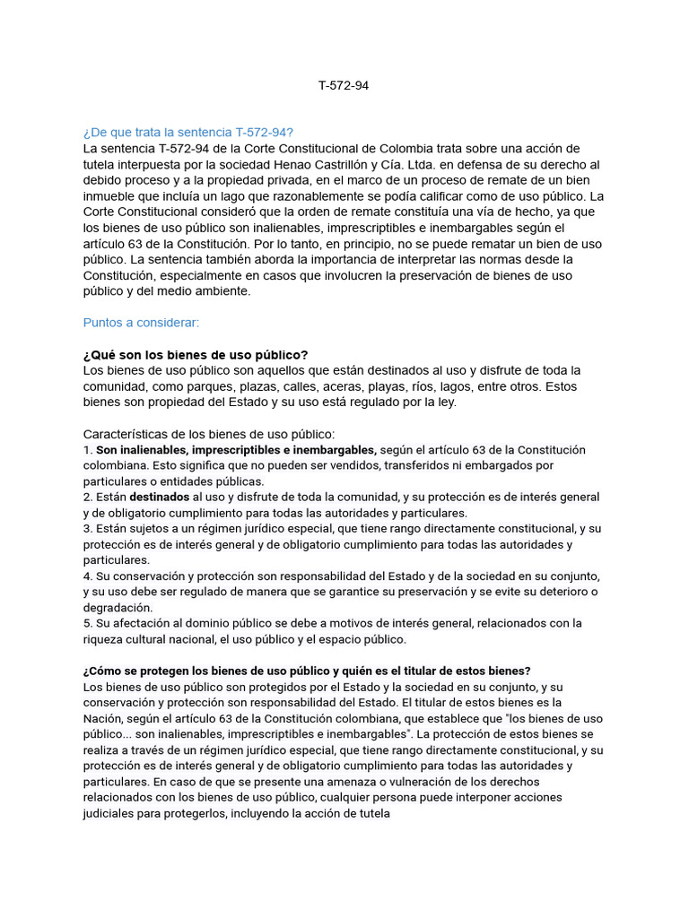 Análisis sentencia T-572-94 | PDF | Constitución | Derechos