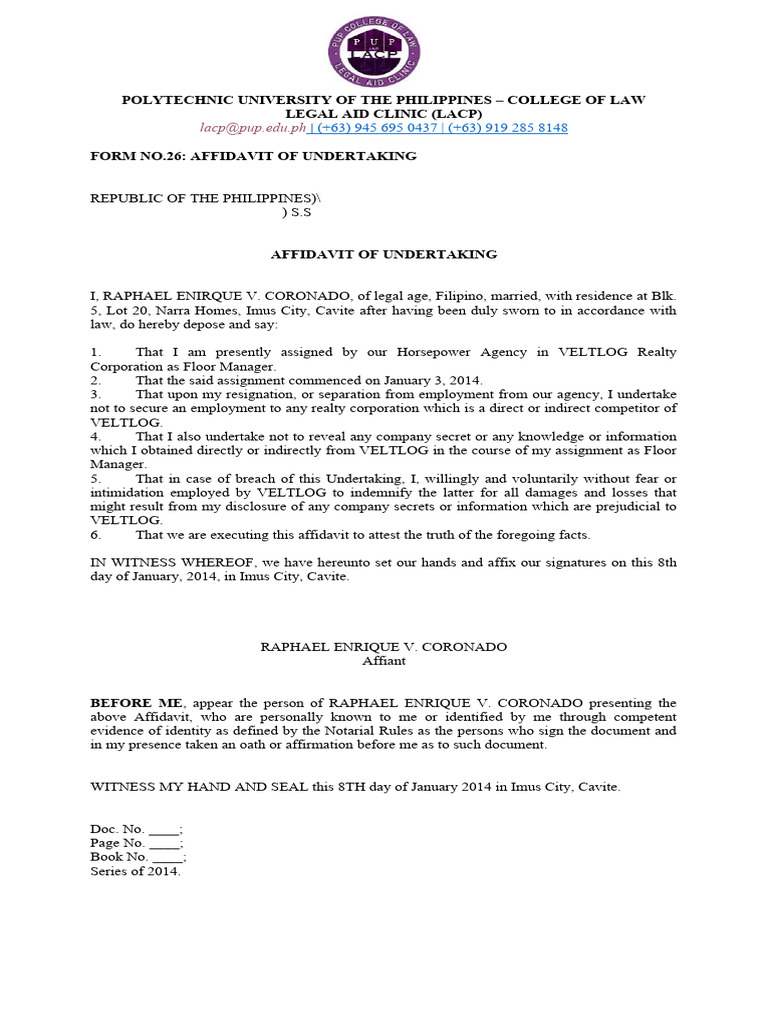 Affidavit of Undertaking Template | PDF