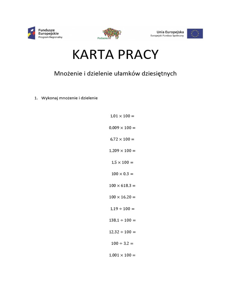 Dzielenie Do 30 Karty Pracy Karta Pracy: Mnożenie I Dzielenie Ułamków Dziesiętnych | PDF