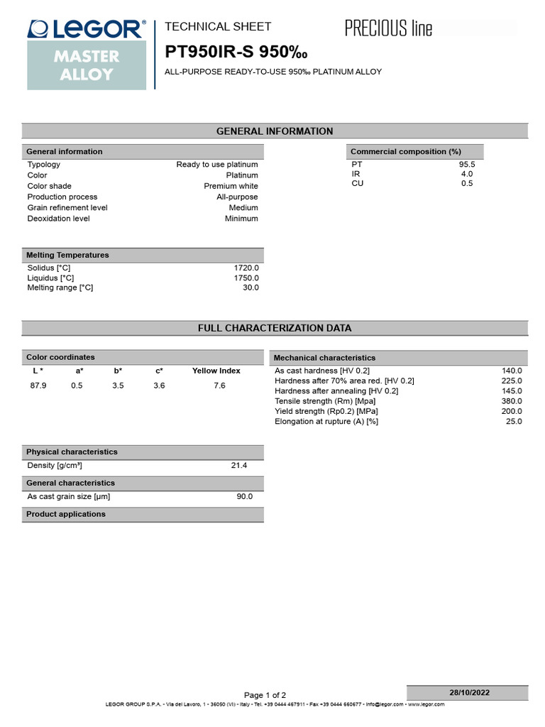 TDS Pt950ir-S 950 Eng | PDF | Materials | Metals