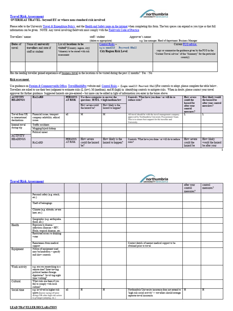 Overseas Travel Risk Assessmen | PDF | Risk | Hazards
