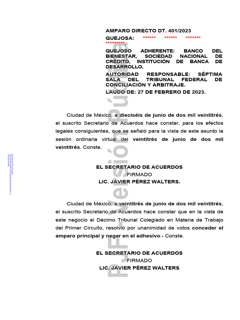 Amparo Directo DT. 401/2023: Banco Bienestar | PDF | México | Bancos