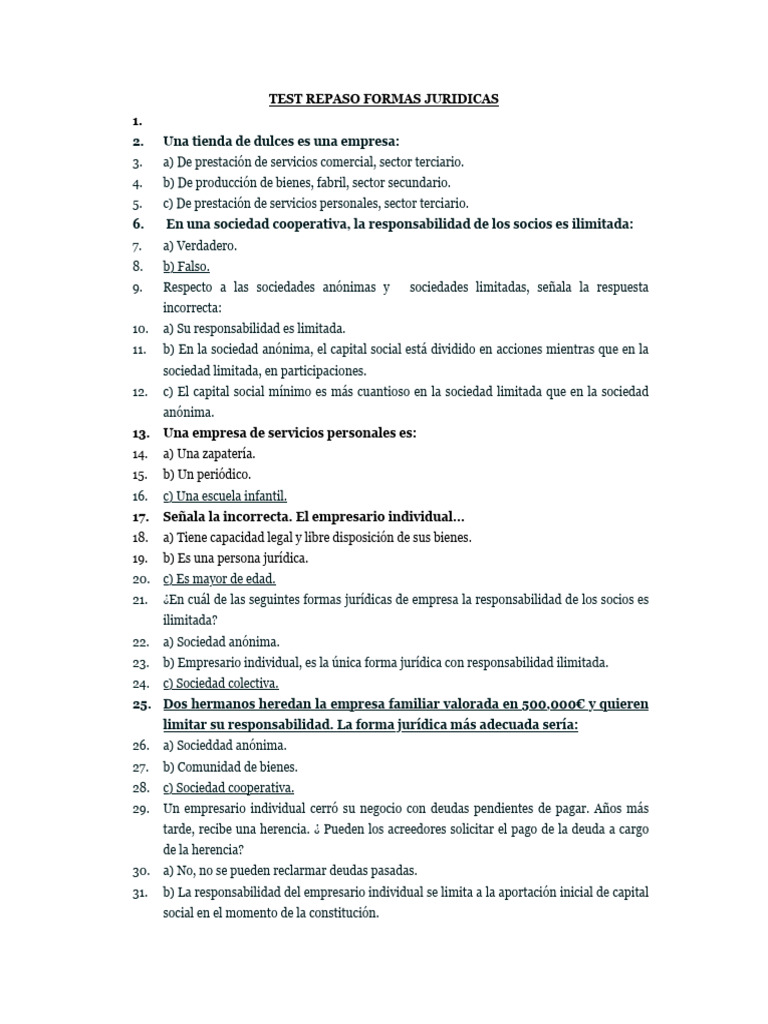 Test sobre Formas Jurídicas Empresariales | PDF | Negocios económicos ...