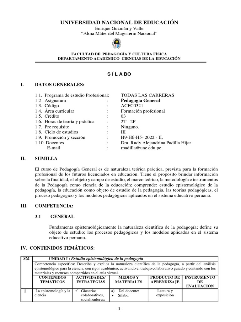 Silabo de Pedagogia General 2022-Ii | PDF