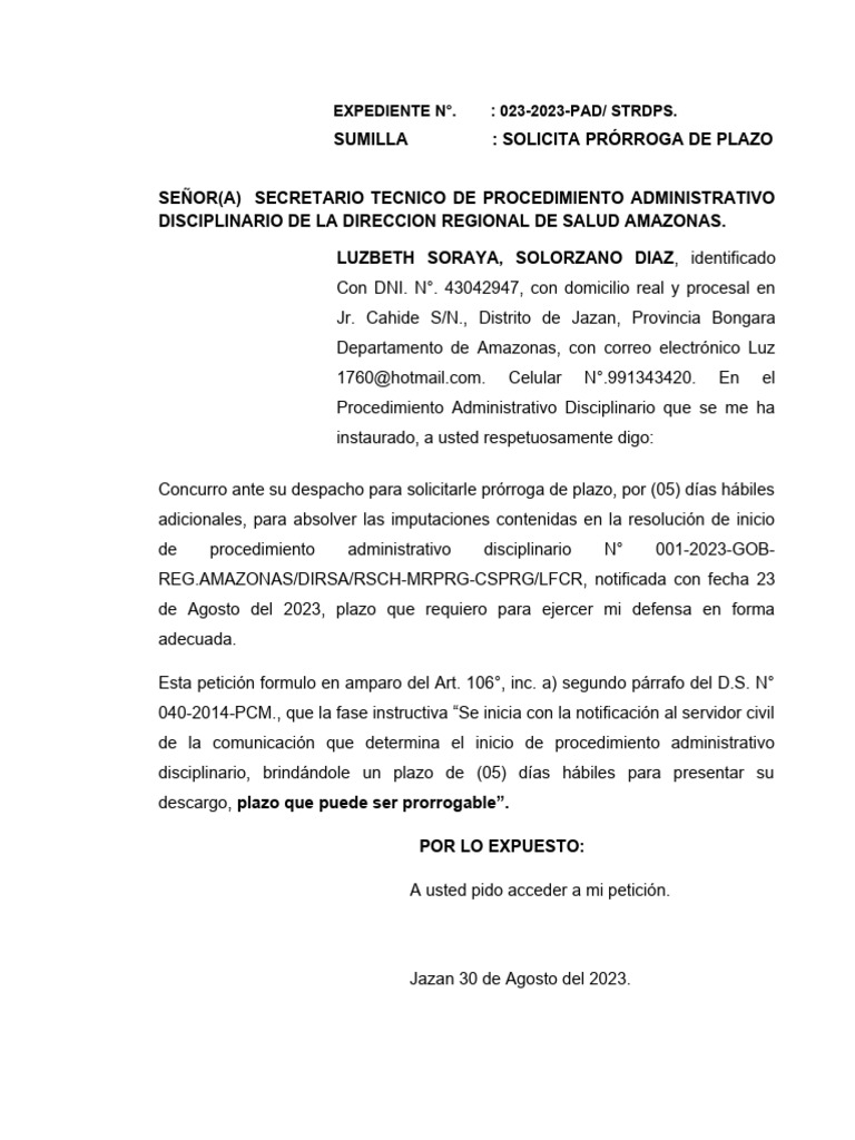 Solicitud de Prórroga en Procedimiento Disciplinario | PDF