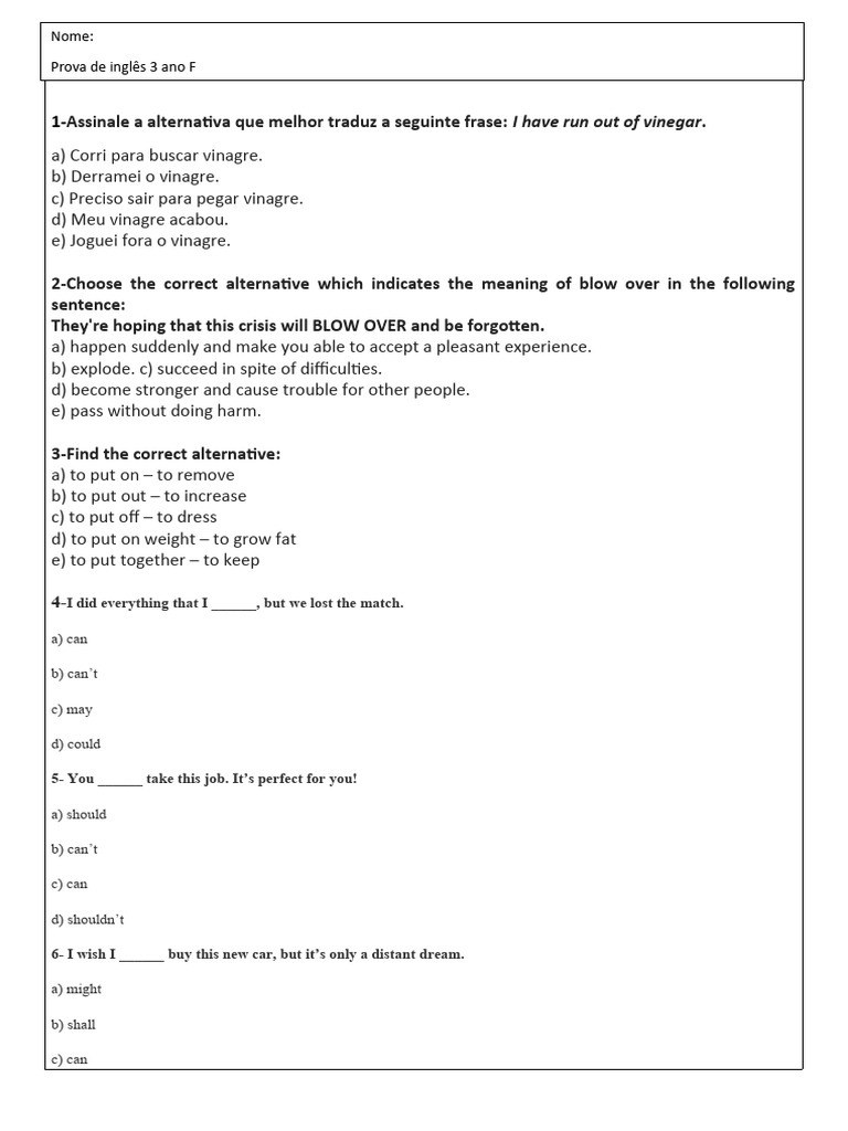 Prova de Ingles 3 Ano (2 Trimestre) | PDF