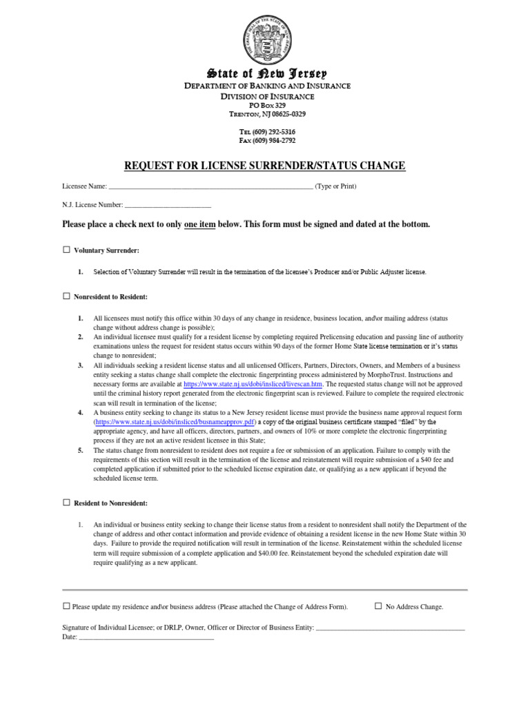 NJ License Surrender and Status Change Form | PDF | License
