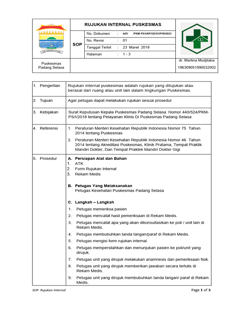 SOP Rujukan Internal Puskesmas 2023 | PDF | Sains & Matematika