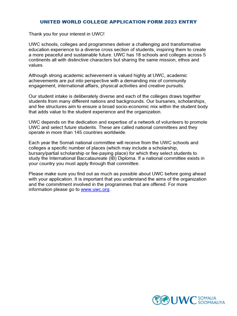 UWC Somalia 2023 Entry Application Form .281331829 PDF