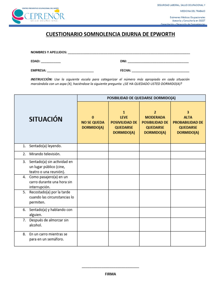Cuestionario Somnolencia Diurna de Epworth PDF Medicina