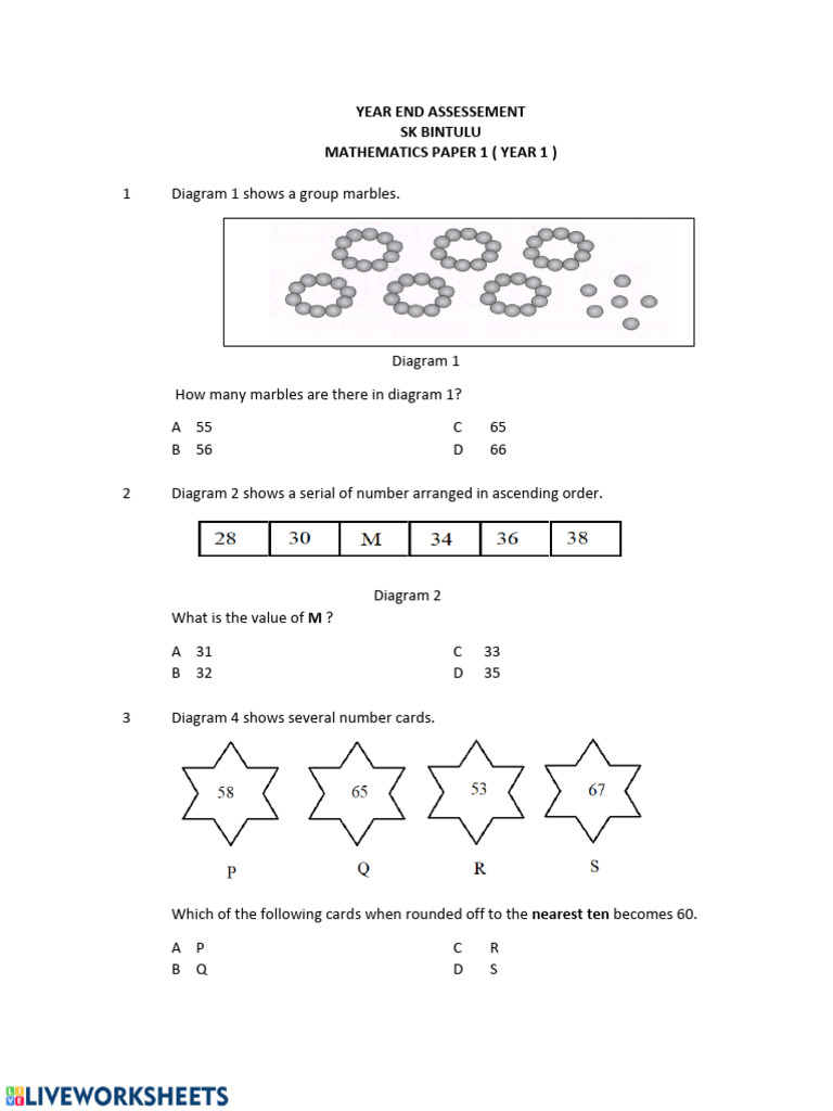Year 1 Mathematics Assessment Paper | PDF