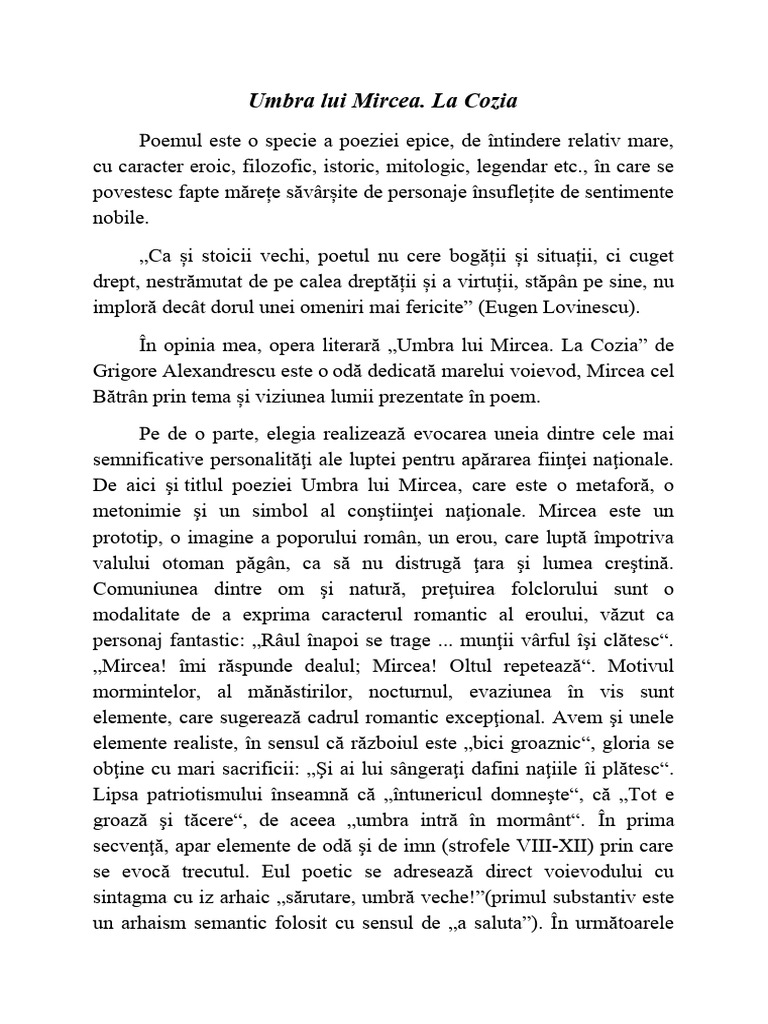 Umbra Lui Mircea La Cozia Comentariu Umbra Lui Mircea | PDF