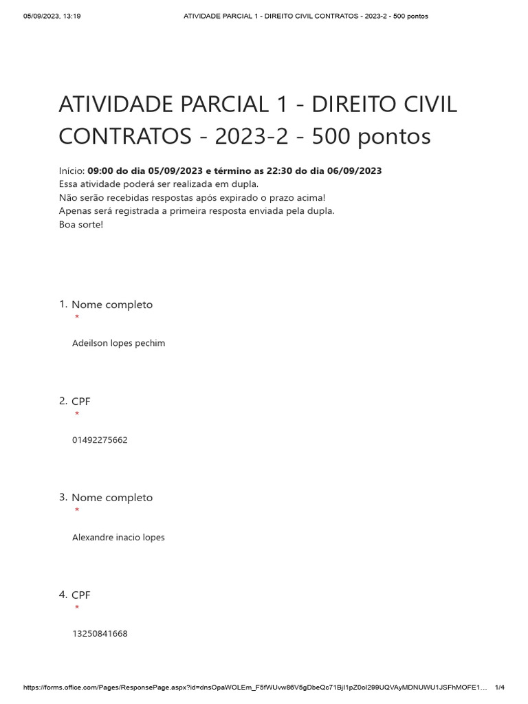 Atividade parcial 1 direito civil contratos 2023 2 500 pontos pdf
