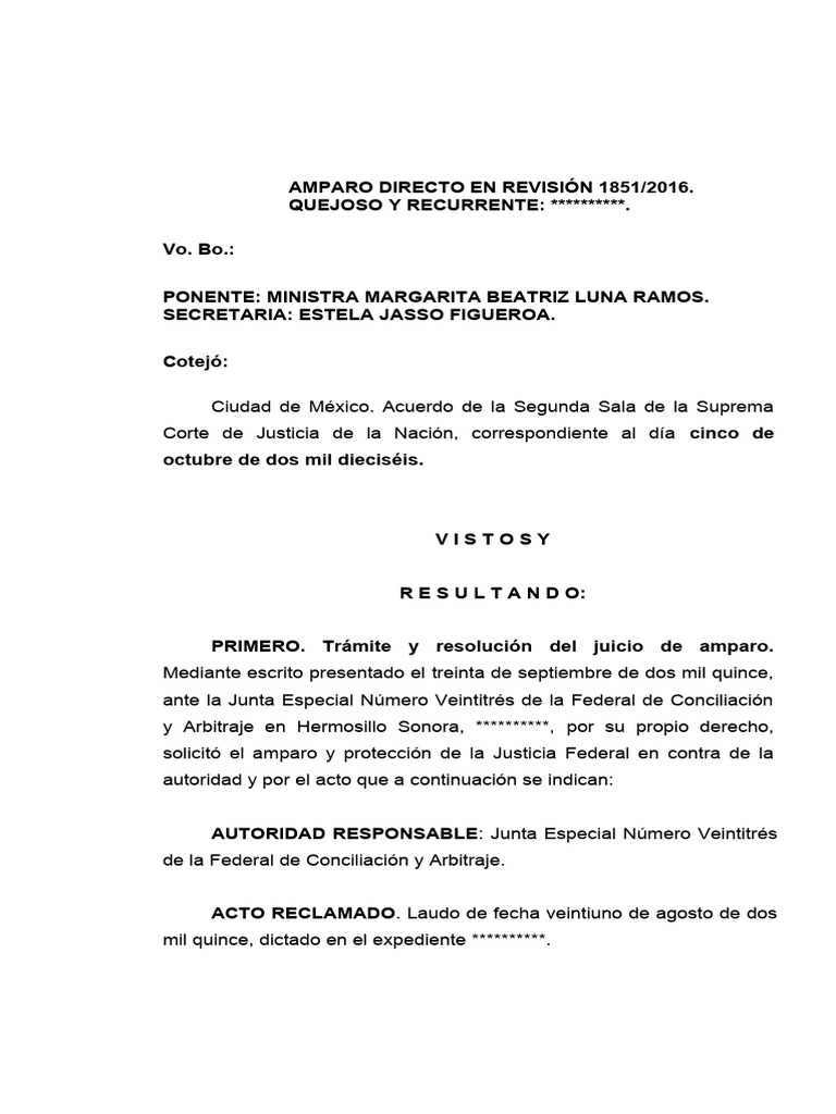 Amparo Directo 1851/2016: Laudo Laboral | PDF | Salario | Caso de ley