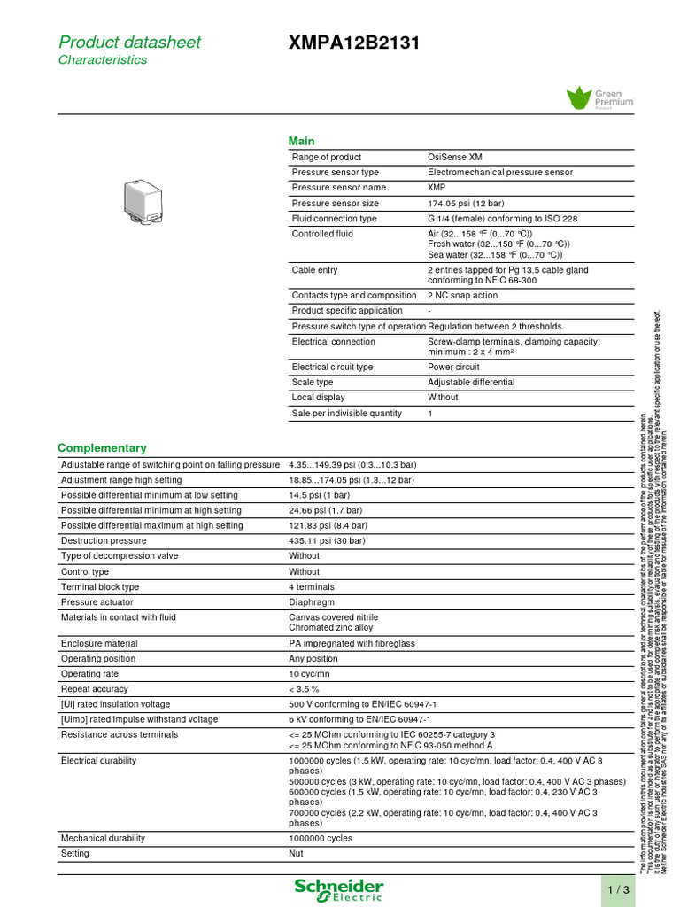 Telemecanique XMPA12B2131 Datasheet PDF Pressure Valve