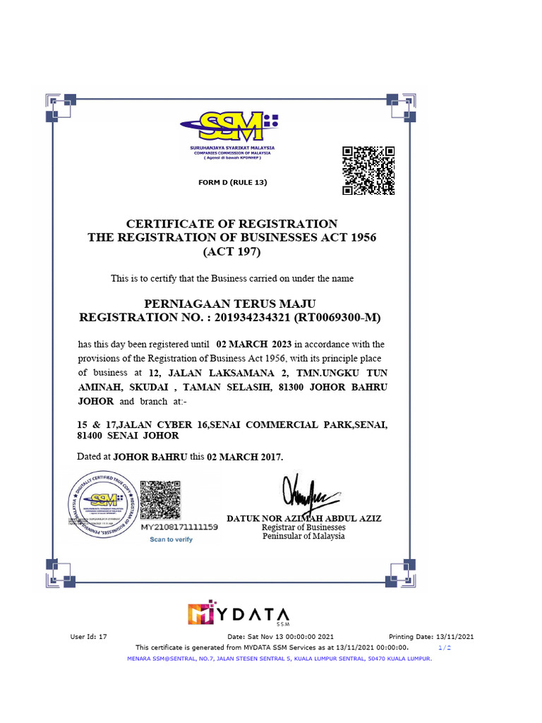 Certificate of Registration The Registration of Businesses Act 1956 ...