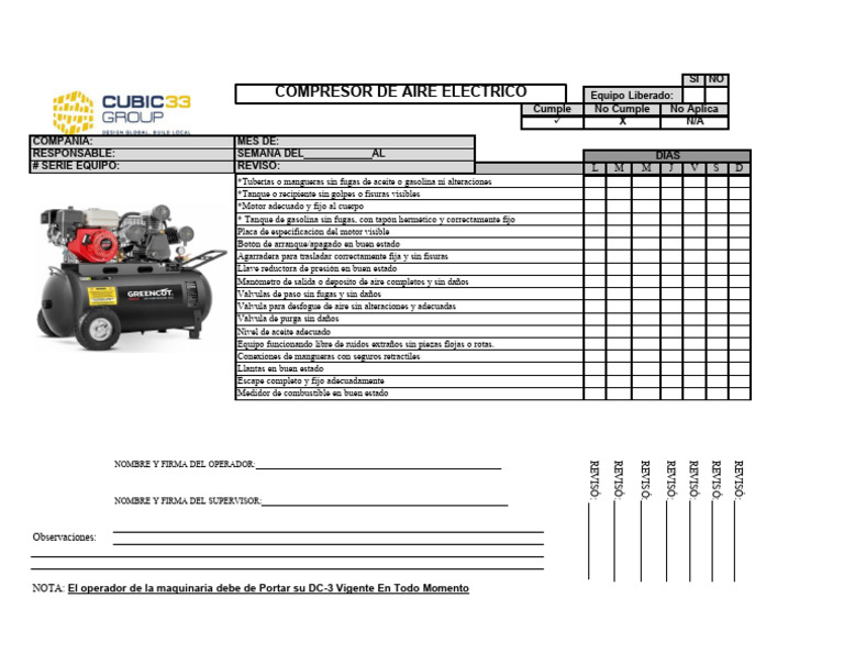 Checklist para Compresores de Aire | PDF | Vehículos | Motores