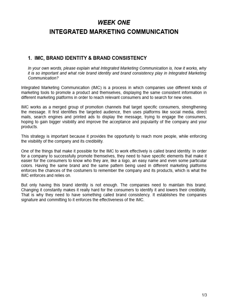 Week One Integrated Marketing Communication PDF Marketing