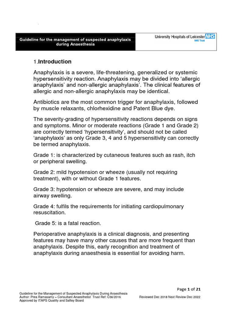 Anaphylaxis UHL Anaesthetic Guideline | PDF | Allergy | Anesthesia