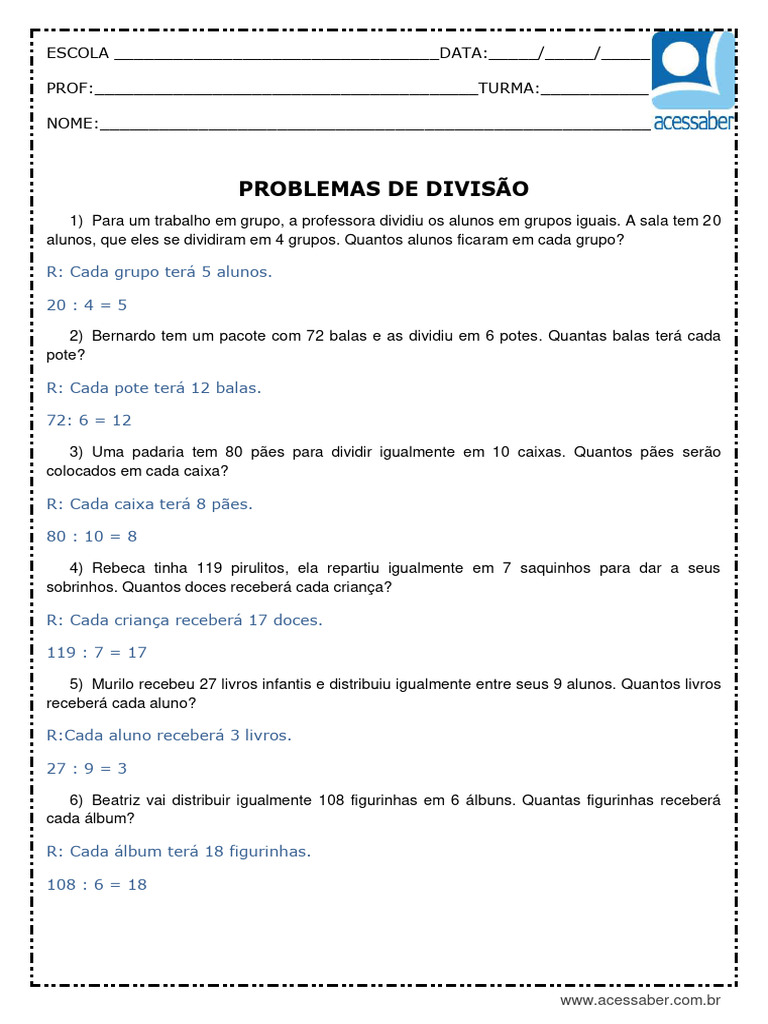 Problemas de Divisão para o 4º Ano | PDF