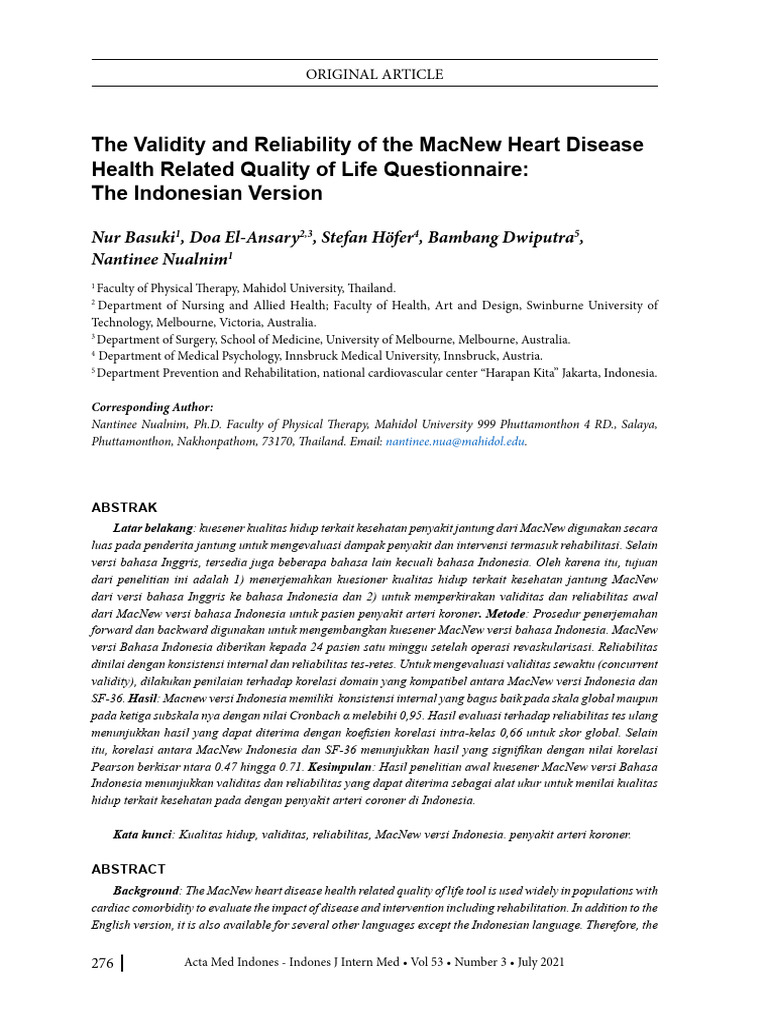 Validity Reliability MCnew Heart Questionnaire | PDF