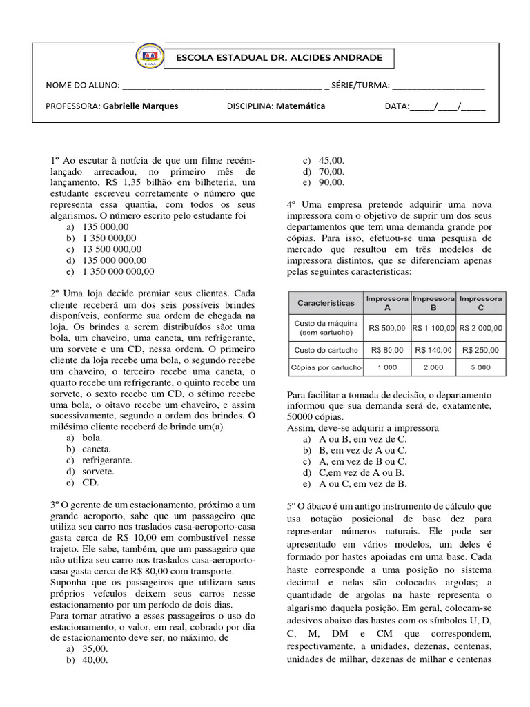 Questões de Matemática Básica para ENEM | PDF | Notação matemática ...