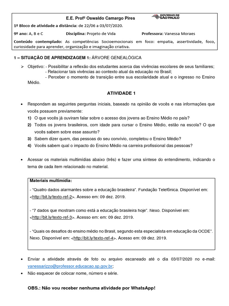 Atividades de Projeto de Vida 9º Ano | PDF | Carreira e Crescimento ...