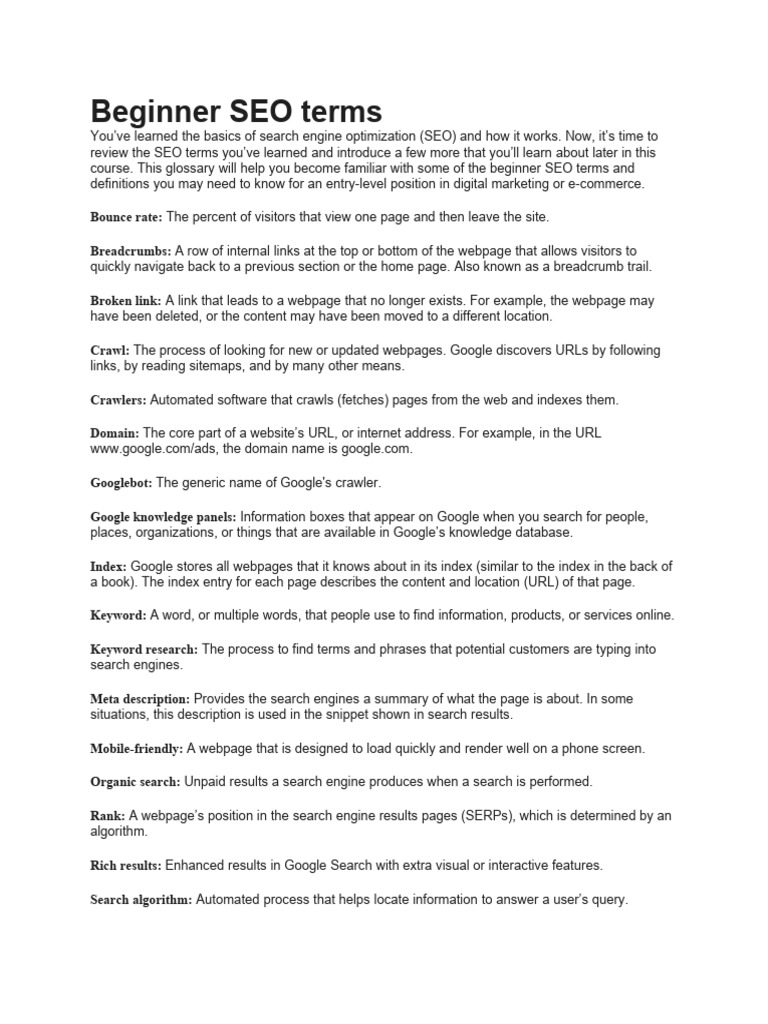 Beginner SEO Terms PDF Search Engine Optimization Mobile 