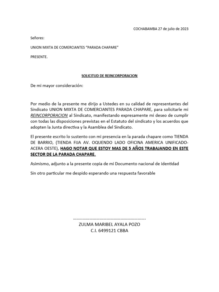 Carta para Reincorporacion | PDF