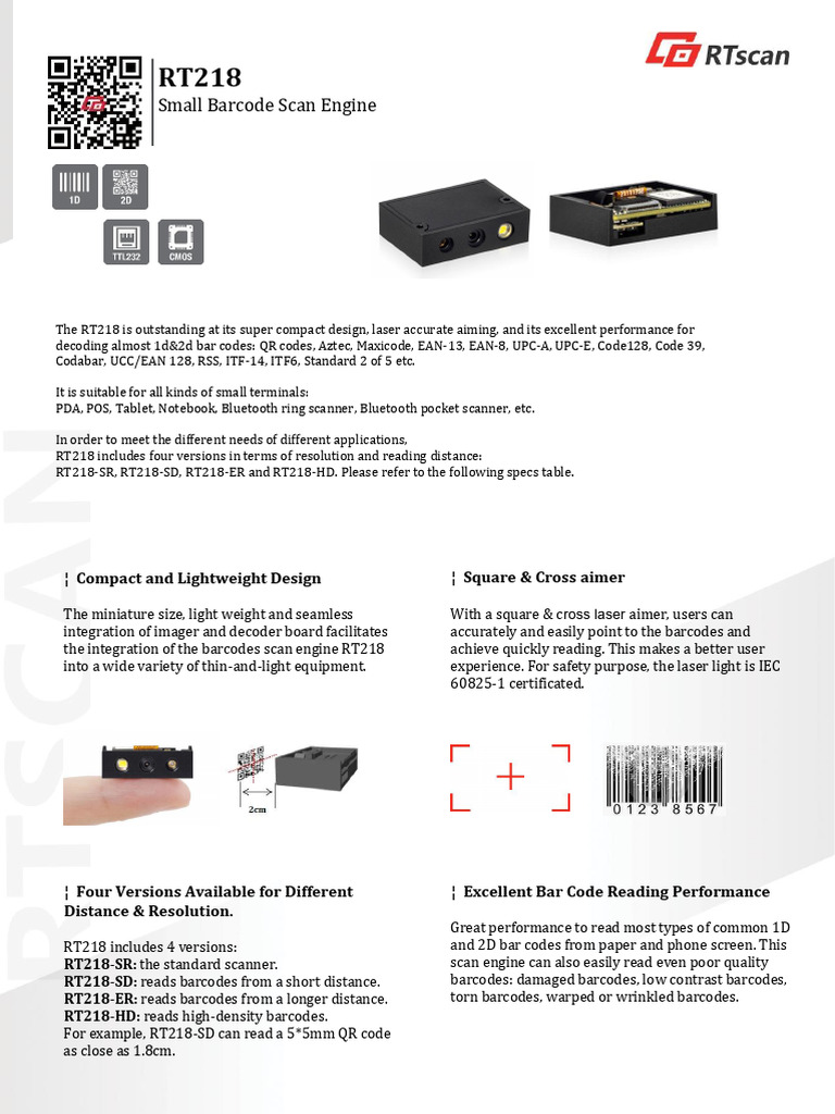 RT218: Compact Barcode Scan Engine | PDF | Barcode | Qr Code