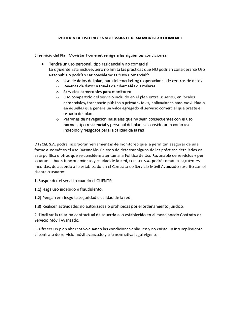 Politica de Uso Razonable Homenet Movistar | PDF