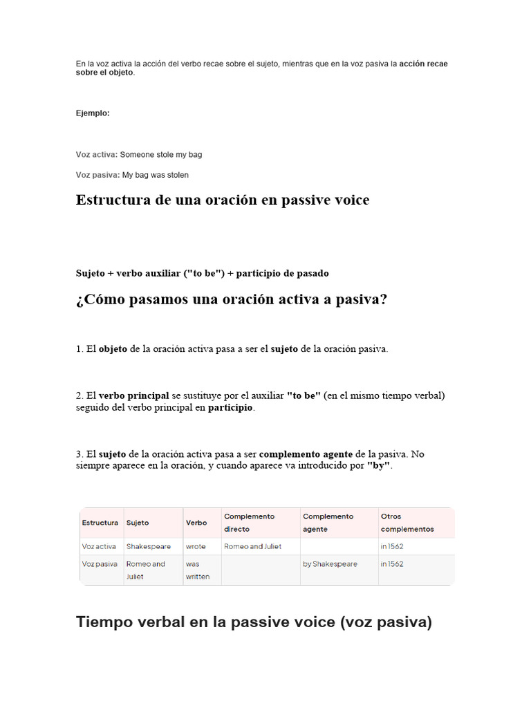 Voz Pasiva, Voz Activa, Instrucciones | PDF | Verbo | Objeto (gramática)